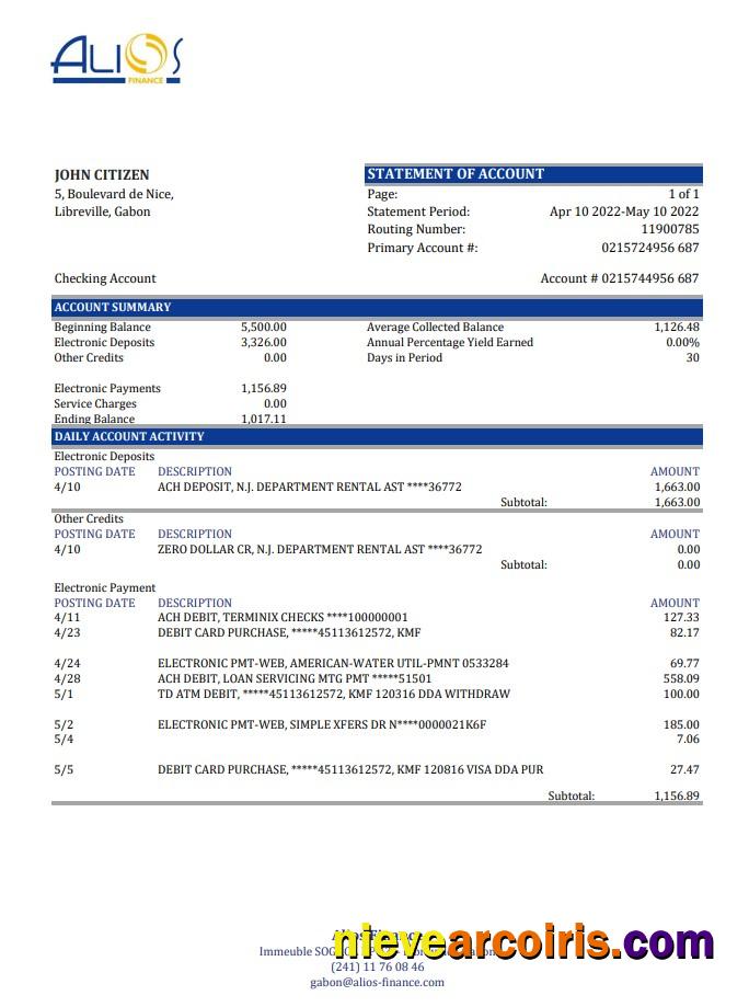 Gabon Alios Finance bank statement